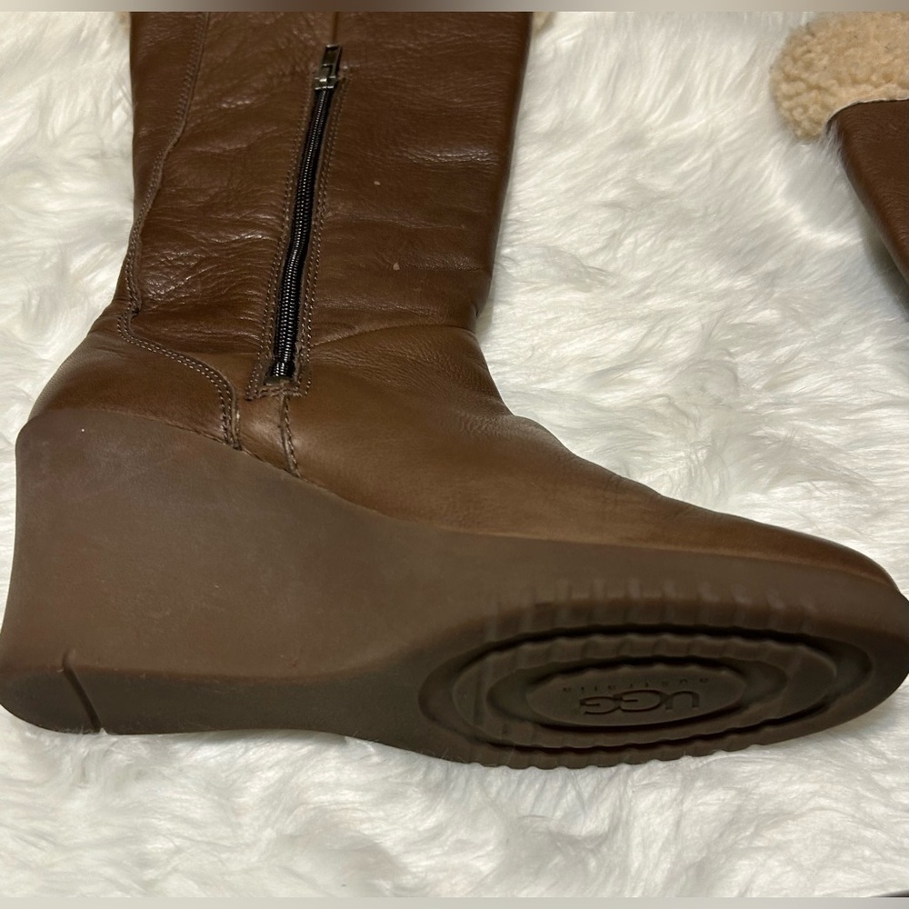 UGG Felicity Brown Shearling-Lined Mid Calf Lace Leather Wedge Boots - Picture 12 of 15